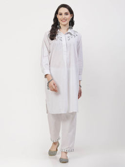 DART STUDIO - Hand Mirror Work Chanderi White Kurta With Pant (Set of 2)