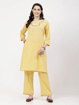 DART STUDIO - Hand Embroidered Chanderi Yellow Kurta With Pant (Set of 2)