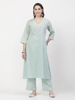 DART STUDIO - Hand Embroidered Chanderi Blue Kurta With Pant (Set of 2)