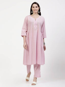 DART STUDIO - Hand Embroidered Chanderi Pink Kurta With Pant (Set of 2)