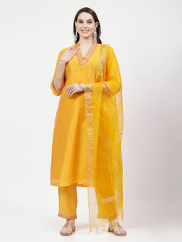 DART STUDIO - Embellished Sequined Chanderi Yellow Kurta With Pant & Dupatta (Set of 3)