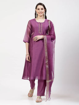 DART STUDIO - Hand Embroidered Chanderi Purple Kurta With Pant & Dupatta (Set of 3)