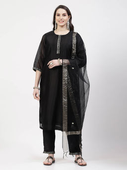 DART STUDIO - Hand Embellished Chanderi Black Kurta With Pant & Dupatta (Set of 3)