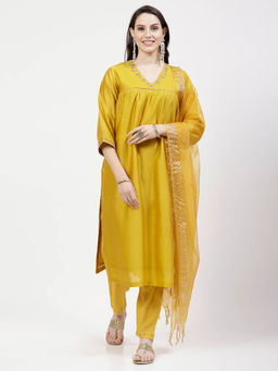 DART STUDIO - Hand Embroidered Chanderi Yellow Kurta With Pant & Dupatta (Set of 3)