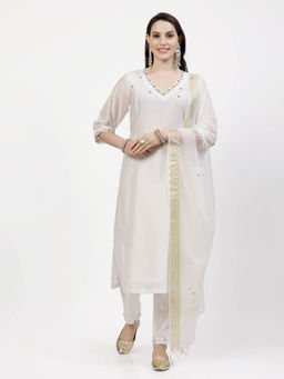 DART STUDIO - Embellished Sequined Chanderi White Kurta With Pant & Dupatta (Set of 3)