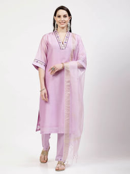 DART STUDIO - Embellished Sequined Chanderi Lavender Kurta With Pant & Dupatta (Set of 3)