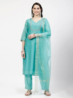 DART STUDIO - Hand Embroidered Chanderi Turquoise Kurta With Pant & Dupatta (Set of 3)
