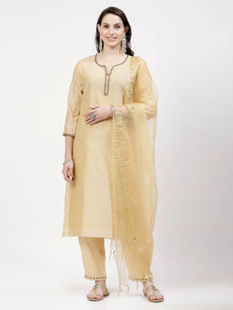 DART STUDIO - Hand Embroidered Chanderi Gold Kurta With Pant & Dupatta (Set of 3)