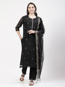 DART STUDIO - Hand Embroidered Chanderi Black Kurta With Pant & Dupatta (Set of 3)