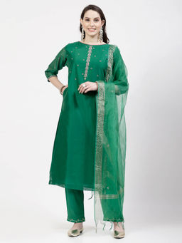 DART STUDIO - Hand Embroidered Chanderi Green Kurta With Pant & Dupatta (Set of 3)