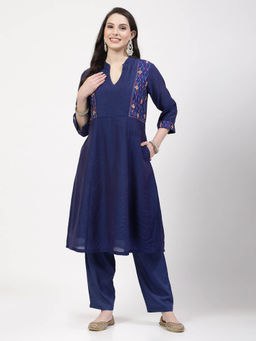 DART STUDIO - Hand Embroidered Chanderi Blue Kurta With Pant & Dupatta (Set of 3)