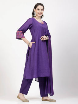 DART STUDIO - Embellished Sequined Chanderi Purple Kurta With Pant & Dupatta (Set of 3)