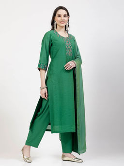 DART STUDIO - Hand Printed Chanderi Green Kurta With Pant & Dupatta (Set of 3)