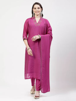DART STUDIO - Hand Embroidered Chanderi Pink Kurta With Pant & Dupatta (Set of 3)