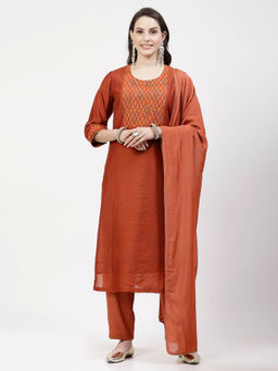 DART STUDIO - Hand Embellished Chanderi Rust Kurta With Pant & Dupatta (Set of 3)