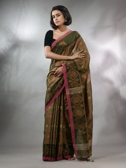 CHARUKRITI - Sap Green Tissue Handwoven Soft Saree with Texture Designs & Unstitched Blouse