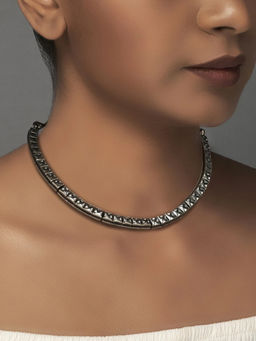 Divas Mantra - 92.5 Silver Oxidised Reflection Necklace with White Cut Stones