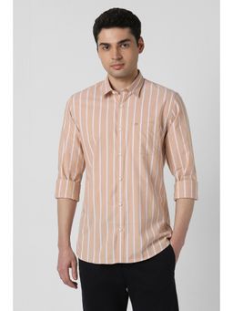 Peter England - Men Beige Slim Fit Stripe Full Sleeves Casual Shirt