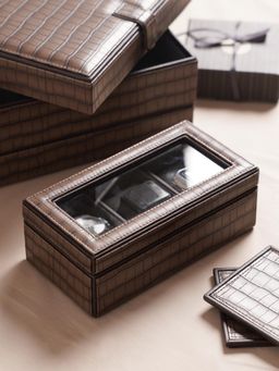Pure Home + Living - Brown 3 Compartment Croco Texture Faux Leather Watch Box
