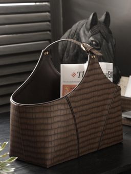 Pure Home + Living - Brown Croco Texture Faux Leather Magazine Basket