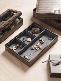 Pure Home + Living - Brown 4 Compartment Croco Texture Faux Leather Organiser