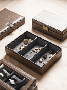 Pure Home + Living - Brown 3 Compartment Croco Texture Faux Leather Organiser