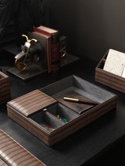 Pure Home + Living - Brown Croco Texture Faux Leather Desk Organiser