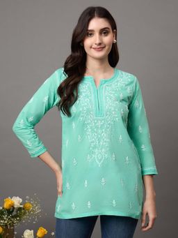 RAKHI APPARELS - Cotton Chikankari Turquoise Kurti