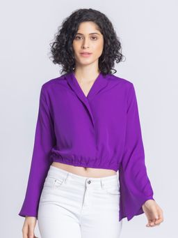 SHAYE - Womens Purple Solid Bell Sleeves Casual Top
