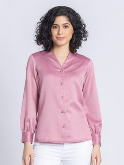 SHAYE - Womens V-Neck Pink Solid Long Sleeves Casual Shirt
