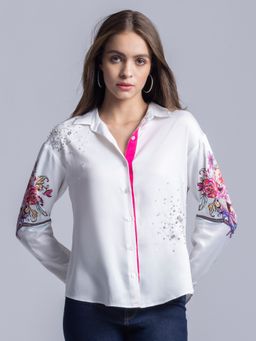 SHAYE - Womens Collar Neck White Printed and Embellished Long Sleeves Party Shirt