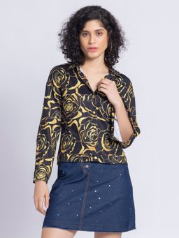SHAYE - Womens Collar Neck Black Floral Print Long Sleeves Party Shirt
