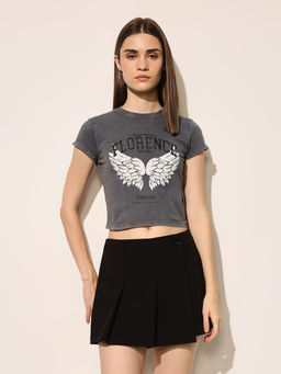 ONLY - Women Typography Slim Fit Grey T-shirt