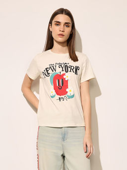 ONLY - Women Typography Regular Fit Beige T-shirt