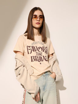 ONLY - Women Typography Regular Fit Beige T-shirt