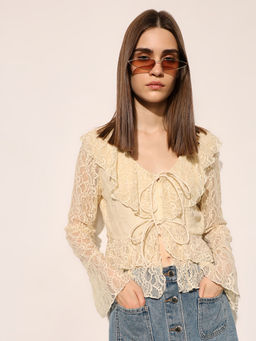 ONLY - Women Self Design Regular Fit Beige Top