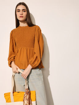 ONLY - Women Self Design Fit & Flare Mustard Top