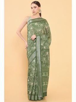 Soch - Women Green Chanderi Printed Saree with Unstitched Blouse