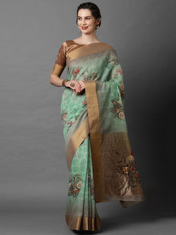 Akhilam - Green Party Wear Cotton silk Printed Saree with Unstitched Blouse