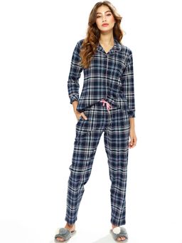 LOTIK - Women's Cotton Blue Checks Printed Front Open Full Sleeve Nightsuit