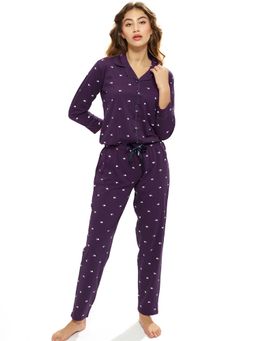 LOTIK - Women's Cotton Purple Heart Printed Front Open Full Sleeve Nightsuit