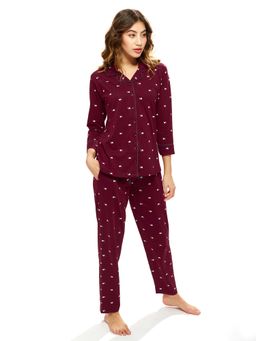 LOTIK - Women's Cotton Maroon Heart Printed Front Open Full Sleeve Nightsuit