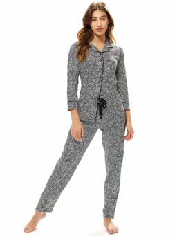 LOTIK - Women's Cotton Black Geometric Printed Full Sleeve Nightsuit