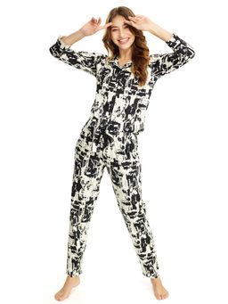 LOTIK - Women's Cotton Black-White Geometric Printed Full Sleeve Nightsuit