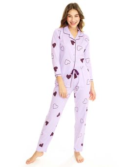 LOTIK - Women's Cotton Purple Heart Printed Front Open Full Sleeve Nightsuit