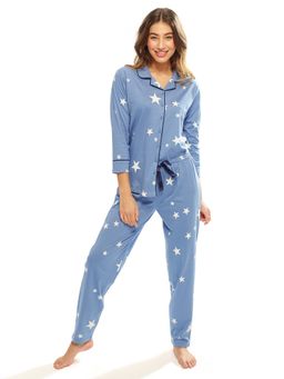LOTIK - Women's Cotton Sky Blue Star Printed Front Open Full Sleeve Nightsuit
