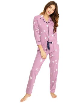 LOTIK - Women's Cotton Onion Star Printed Front Open Full Sleeve Nightsuit - Pink