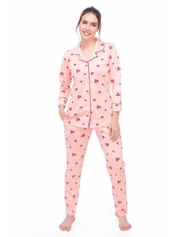 LOTIK - Women's Cotton Pink Heart Printed Full Sleeve Nightsuit