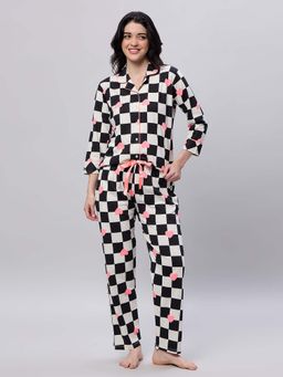 LOTIK - Women's Cotton Black Checks Printed Full Sleeve Nightsuit