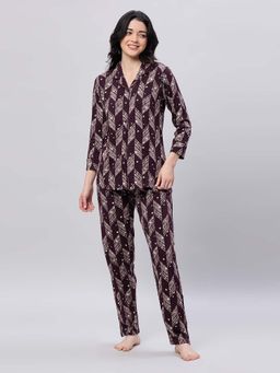 LOTIK - Women's Cotton Maroon Star Printed Full Sleeve Nightsuit